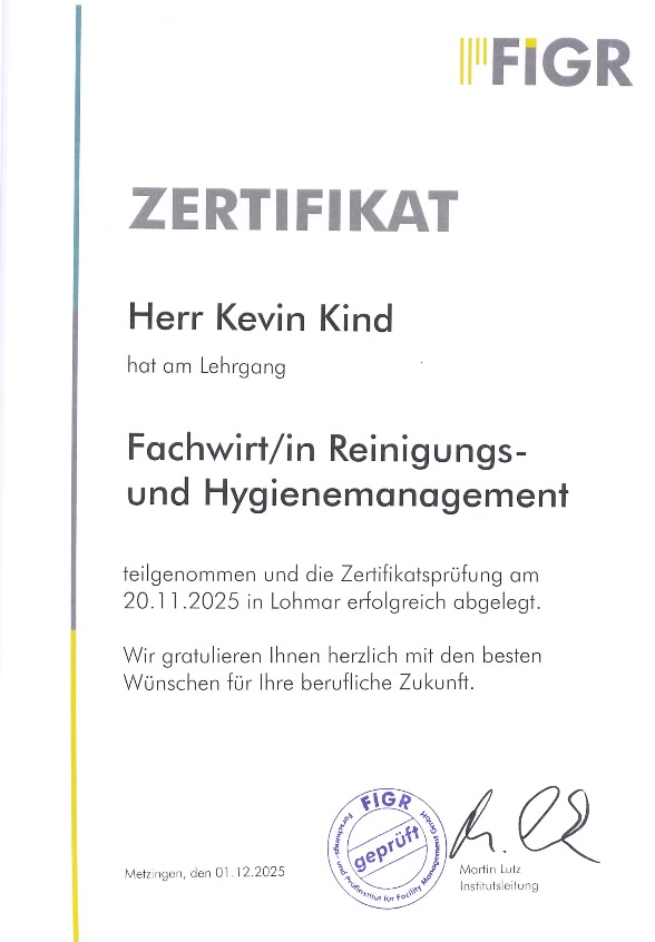 FIGR-Zertifikat: Kevin Kind, Fachwirt Reinigungs- und Hygienemanagement