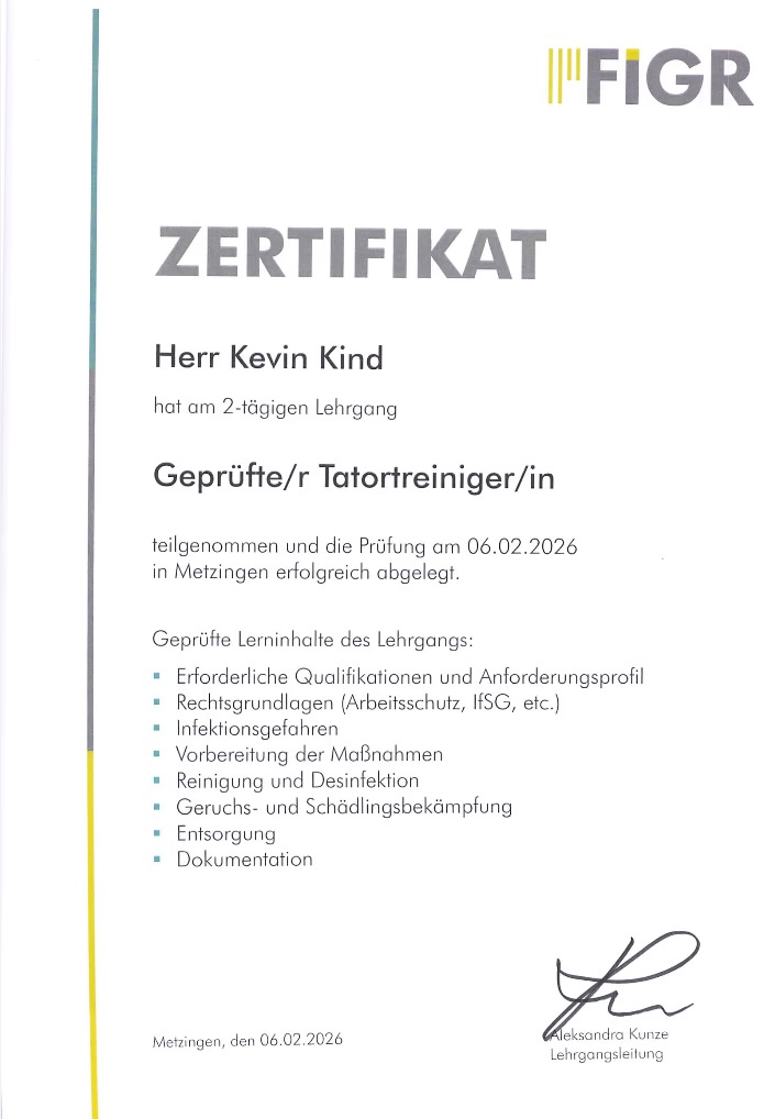 FIGR-Zertifikat: Kevin Kind, Geprüfter Tatortreiniger
